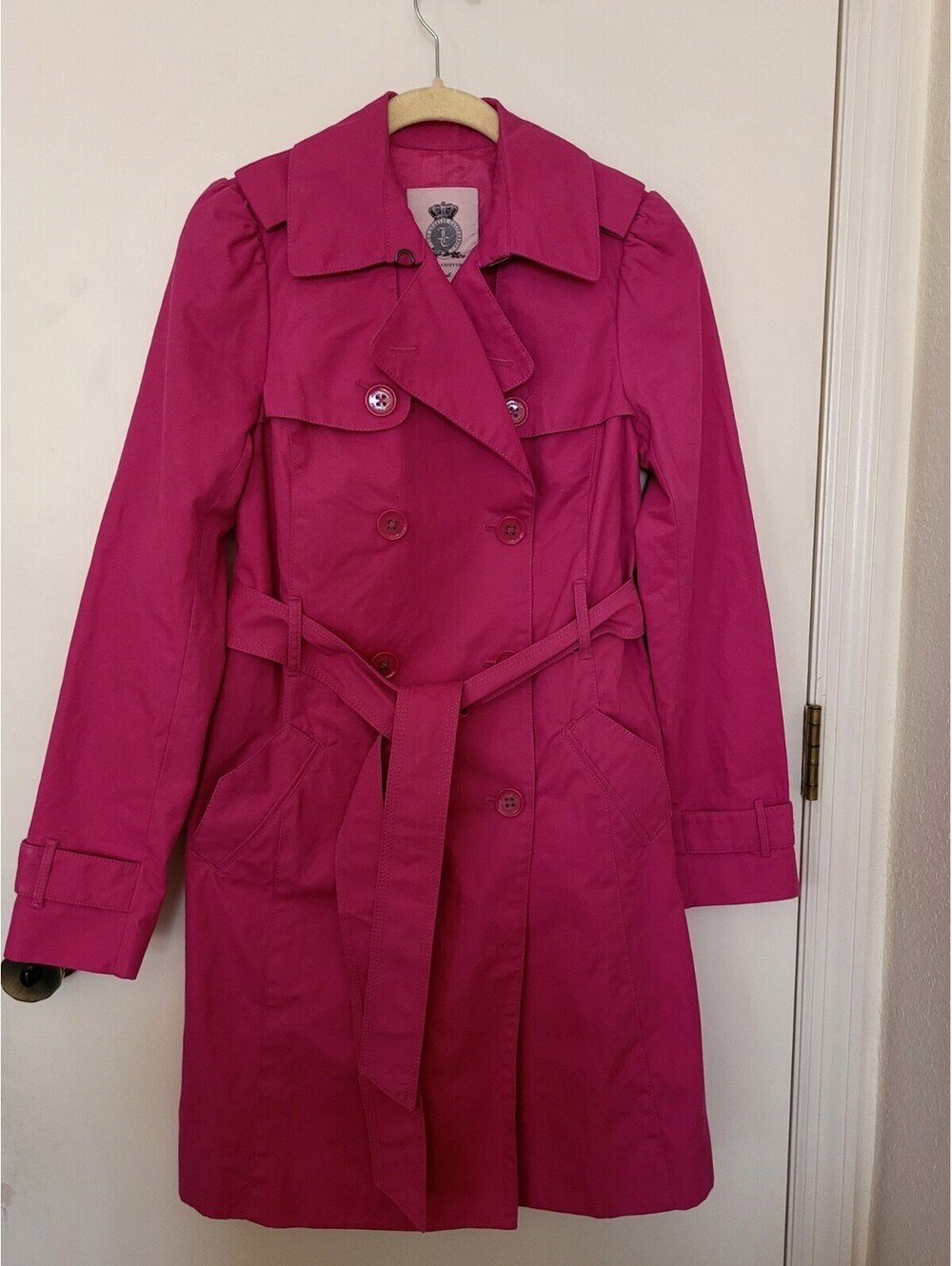 Y2K  Juicy Couture Fushia Long Rain Jacket Trench Coat Double Breasted Size Sm